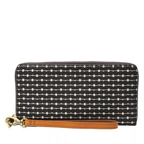 New! FOSSIL Logan RFID Wallet Zip Around Clutch Wristlet Strap Black Stripe - Picture 3 of 12